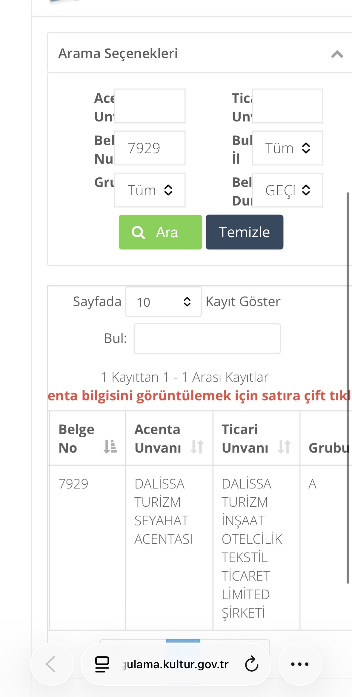 Dalissa Turizm Kültür ve Turizm Bakanlığı Belgesi