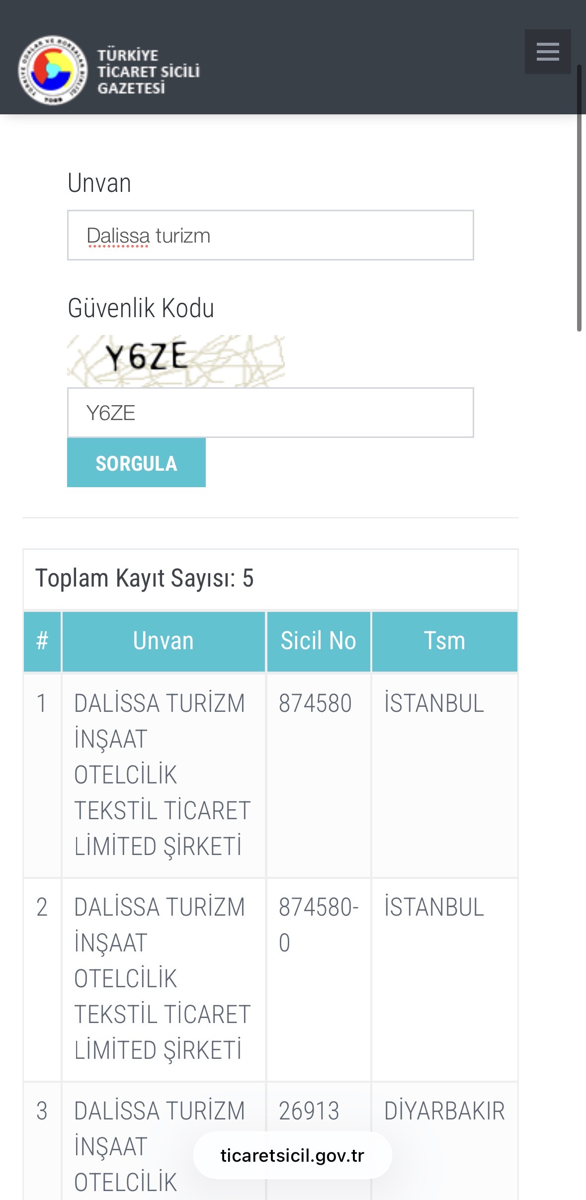 Dalissa Turizm Ticaret Sicili Belgesi